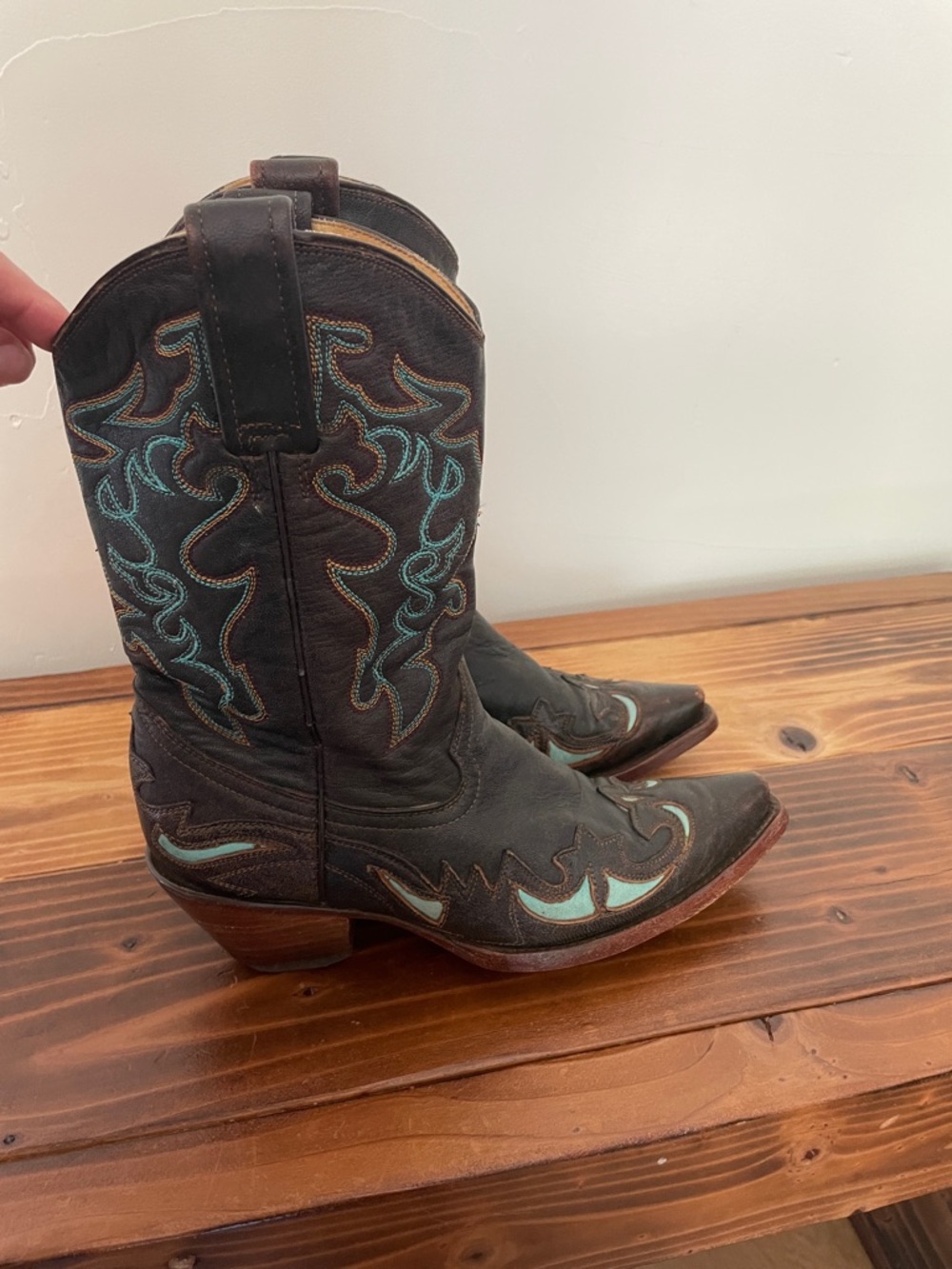 Corral Brown Leather Western Heeled Boots with Turquoise Stitching - Picture 5 of 10